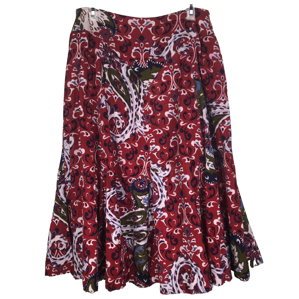 J Peterman Midi Skirt Red Paisley Jacobean Corduroy Long Riding Skirt Cotton 10